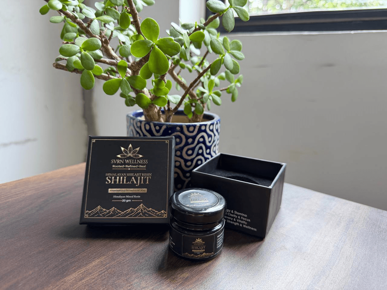 SVRN Wellness Himalayan Shilajit resin jar and box beside a jade plant